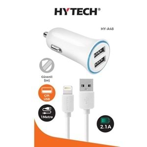 Hytech HY-A48 iPhone Lightning Kablo 2.1A 2*Usb Beyaz Araç Şarjı