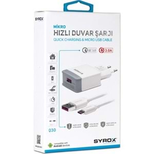Syrox Q30 3.0A Duvar Tipi Hızlı Mikro Kablo Şarj